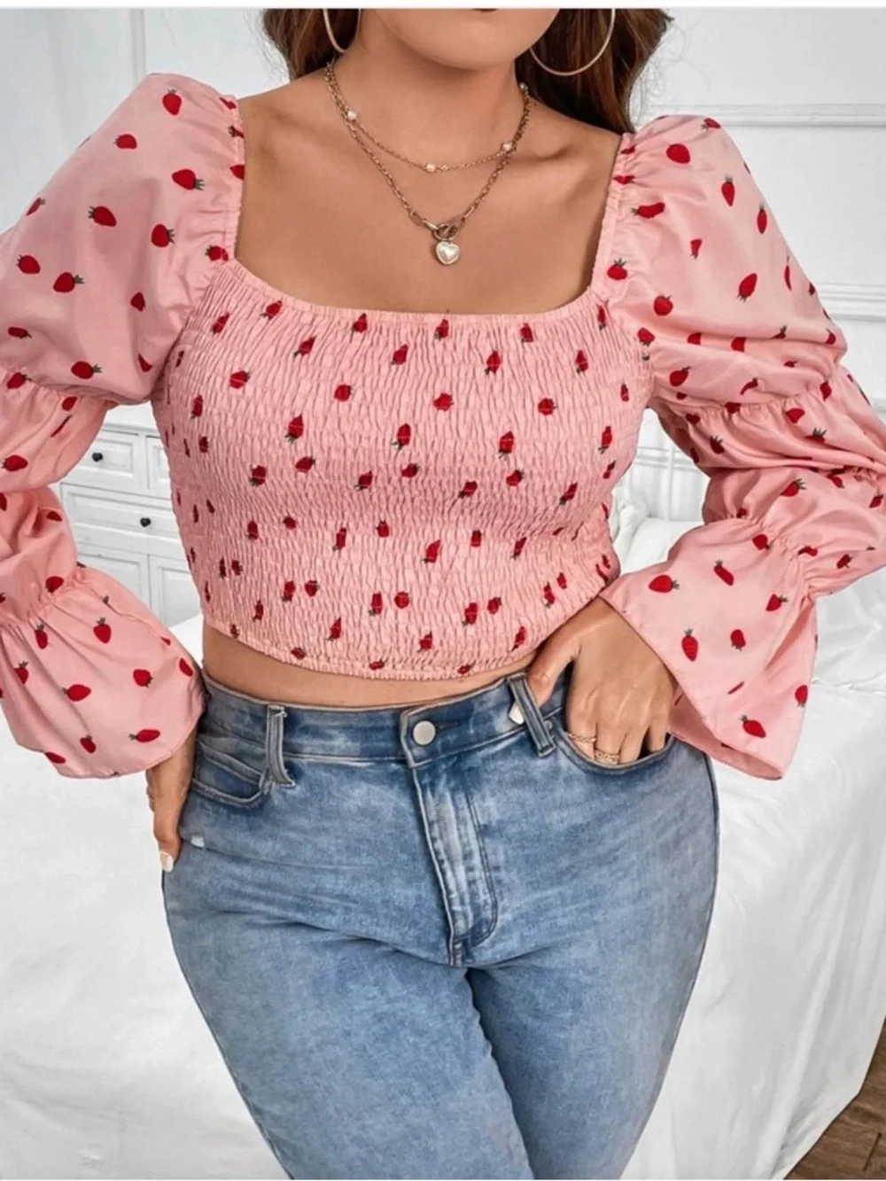 Pink Strawberry Smocked Square-Neck Crop Top plus size by SHEIN - Picture 2 of 13